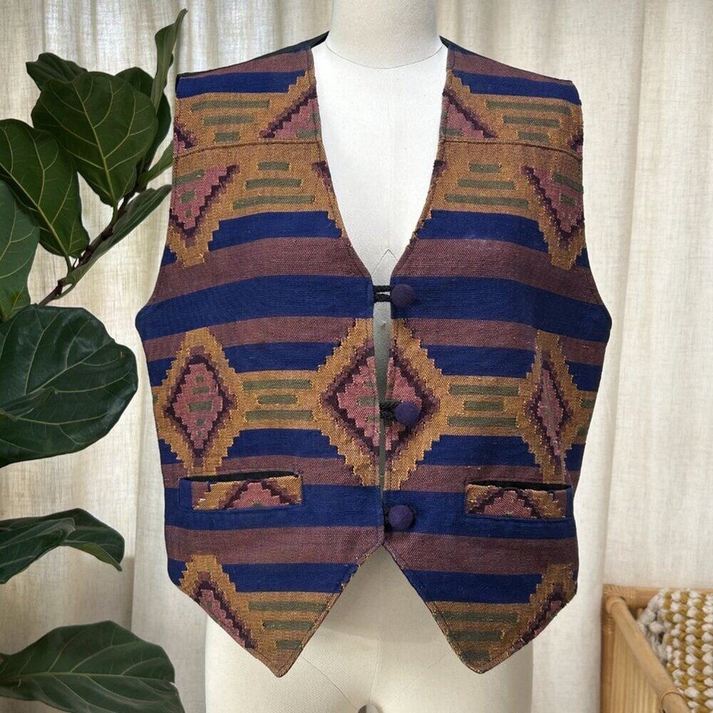 Vintage 80s/90s Woven Southwestern Vest 100% Cotton Artisan Geometric XL